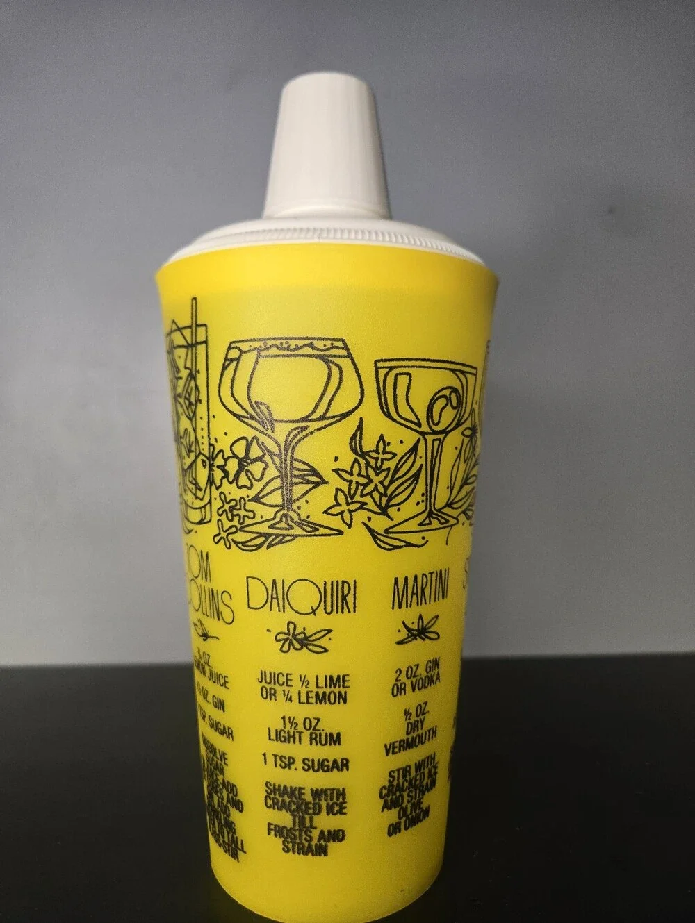Vintage MCM 1960s Yellow Cocktail Shaker w Cap+ Strainer + Cocktail Recipes